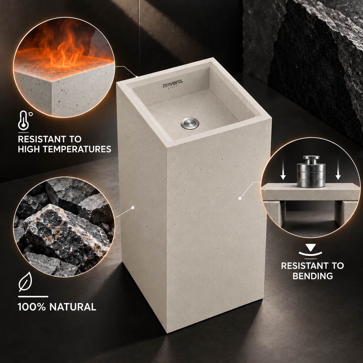 Novera Global Linen Floor Standing Pedestal Wash Basin | 15-Years Warranty | 15 mm Ceramic Slab Matte Finish Speckled off White | Flexible Floor or Wall Drain | Scratch, UV & Water Resistant bathroom Sink | Pop-up Drain Included