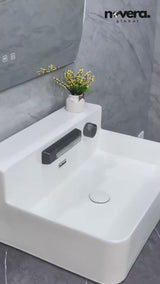 Novera Global FLOWBOX Ceramic Wash Basin for Bathroom with Built-In Faucet, Rain & Cascade Dual Water Flow, Hot Cold Mixer, Tabletop & Wall-Mount Installation, Glossy White, 60.5 × 47 × 24.5 cm
